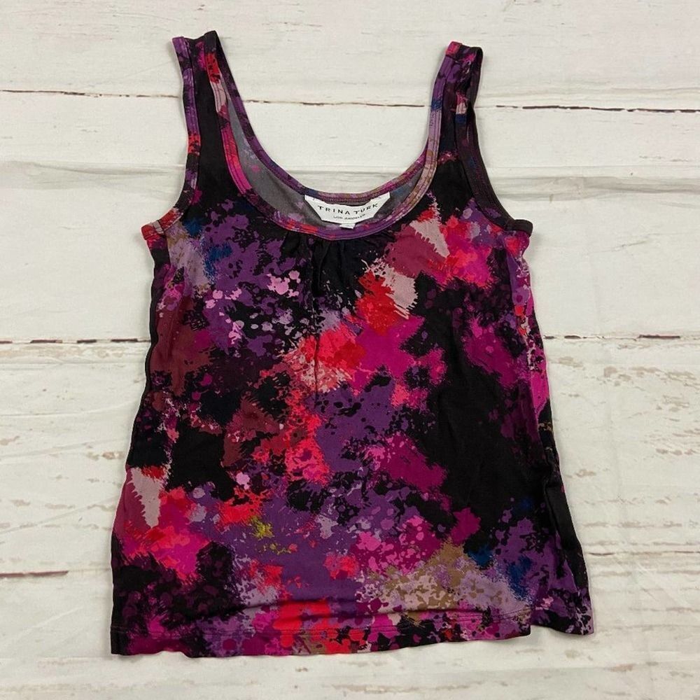 Trina Turk splatter colorful purple pink sleeveless light tank blouse womens xs